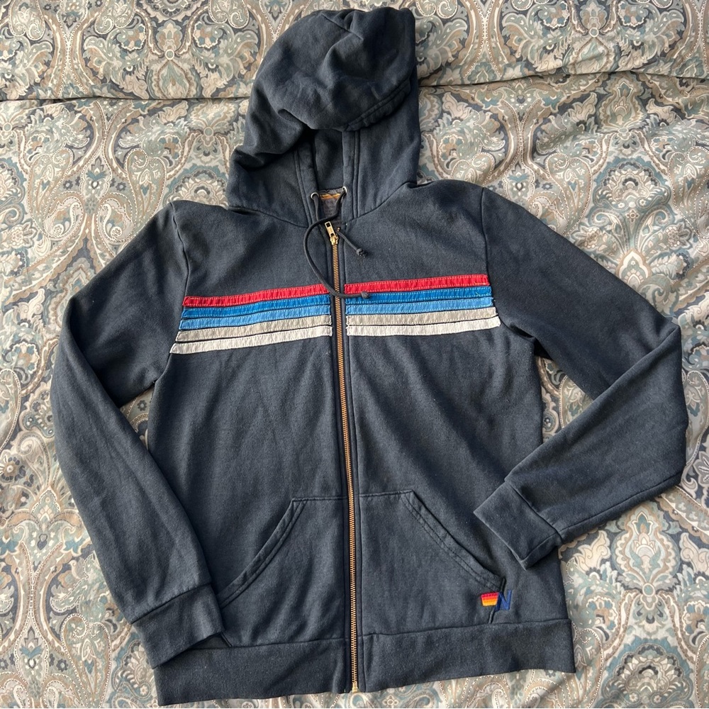 Aviator Nation 5 Stripe Hoodie Vintage Charcoal Grey Size L